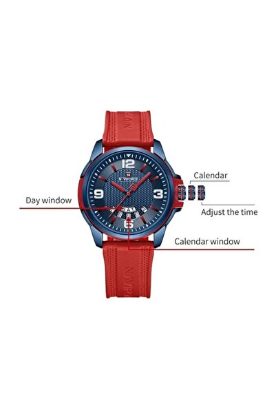 Naviforce Stylish Mens Sports Watch with Blue Dial Red Silicone Strap Quartz Movement Analog Display