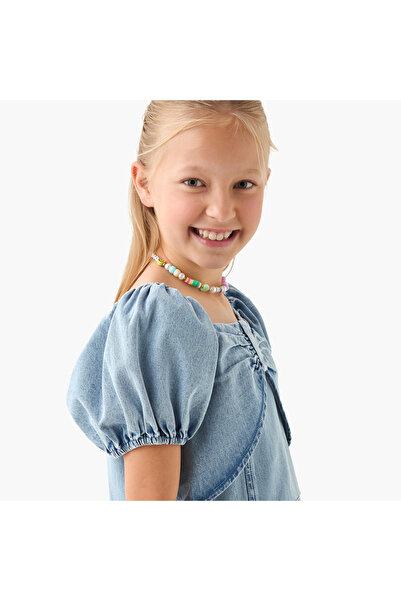 Juniors A-line Denim Dress with Puff Sleeves