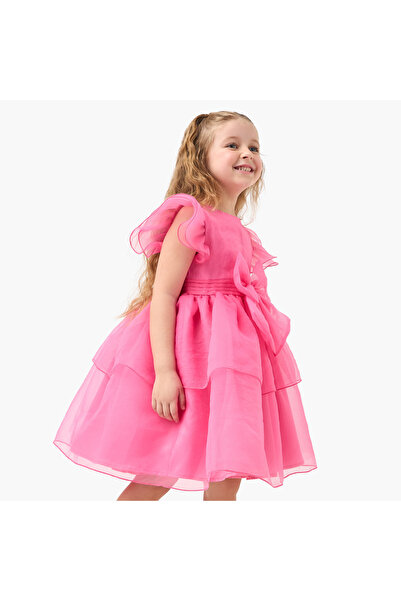 Juniors Bow Detail Tiered Dress with Round Neck and Short Layered Sleeves