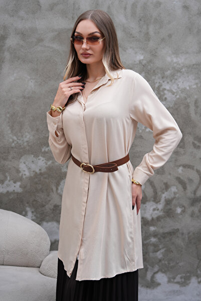 Polologin Butik Belted Long Cream Shirt Tunic