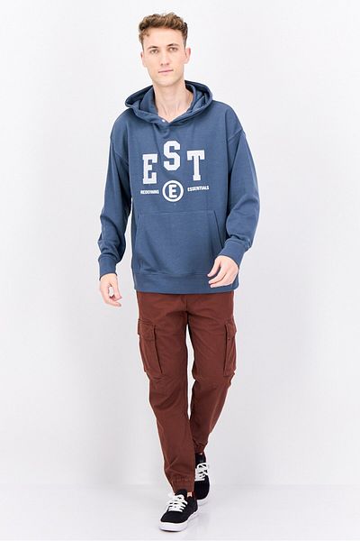 Established Redefining Essentials Men Hooded Embrodiered Logo Long Sleeves Sweatshirt, Slate Blue