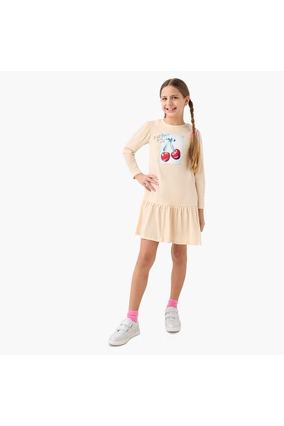 Juniors Cherry Print Drop Waist Dress with Round Neck and Long Sleeves