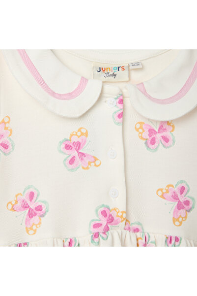Juniors Butterfly Print Dress with Collared Neckline and Button Closure