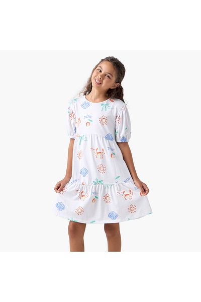 Juniors All-Over Print Dress with Round Neck and Short Sleeves