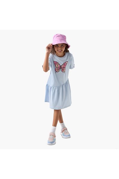Juniors Butterfly Print A-line Dress with Round Neck and Drop Shoulder Sleeves