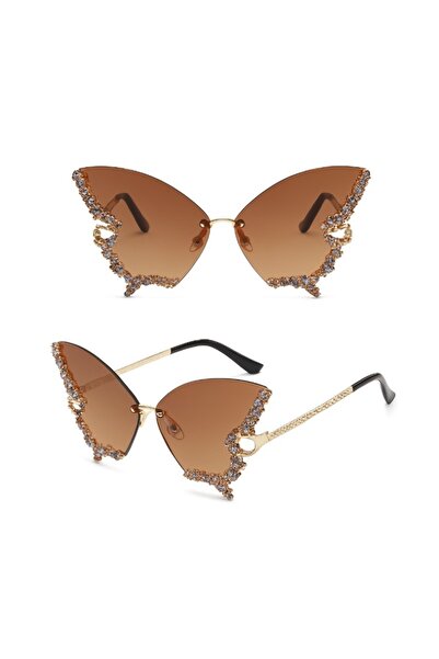 REDz Accessories Glamour Butterfly Glasses, Multicolored Crystals, Festival Fashion, UV400 Protection, Brown