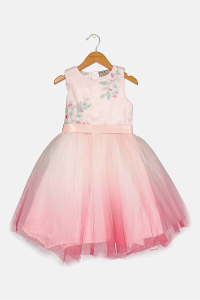 Luna Moon Kids Girl Embroidered Belted Mesh Dress, Pink