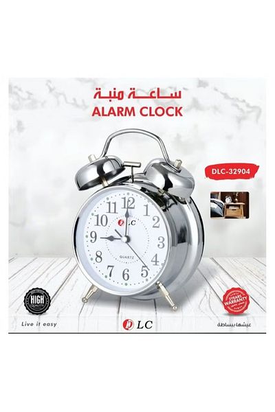 DLC Alarm clock made of chrome plated metal with bell alarm function and white dial