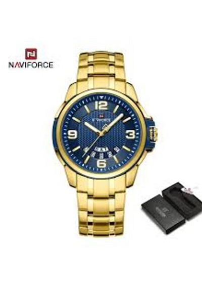 Naviforce Men's Analog Quartz Watch – Gold Stainless Steel, Blue Dial, Date Display
