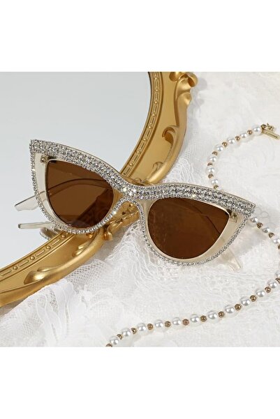 REDz Accessories Cat-Eye Sunglasses, Glamorous Design, Crystals, UV400 Protection, Transparent Brown