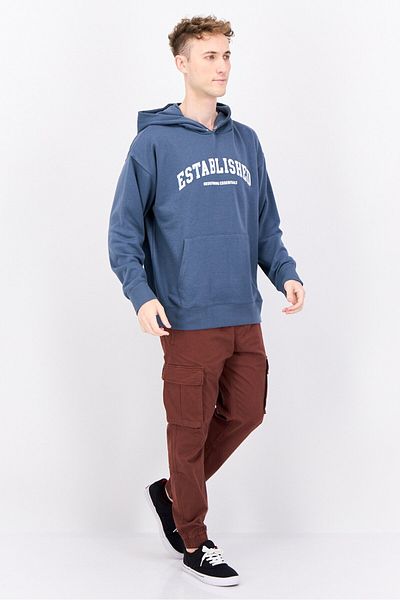 Established Redefining Essentials Men Hooded Long Sleeves Brand Logo Sweatshirt, Slate Blue