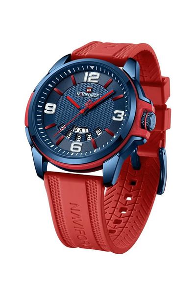 Naviforce Stylish Mens Sports Watch with Blue Dial Red Silicone Strap Quartz Movement Analog Display