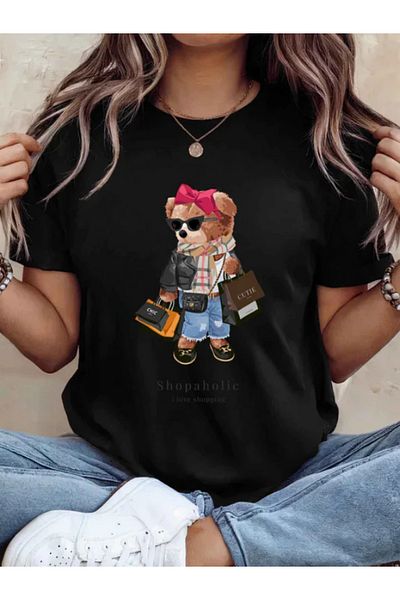 Sarah's Boutique Tricou de damă – 100% bumbac – Ursuleți de pluș „SHOPAHOLIC”