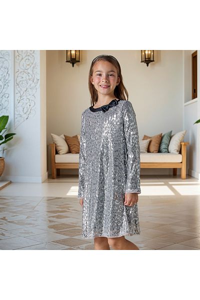 Juniors Sequinned A-line Dress with Long Sleeves and Bow Applique
