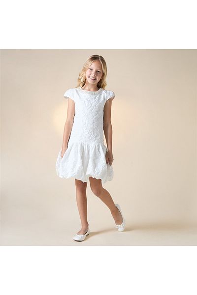 Juniors Textured Drop Waist Dress with Embellished Round Neck and Cap Sleeves