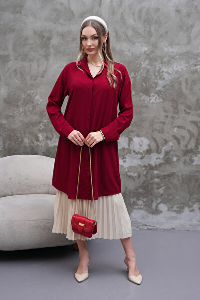 Polologin Butik Flowy Long Burgundy Shirt Tunic