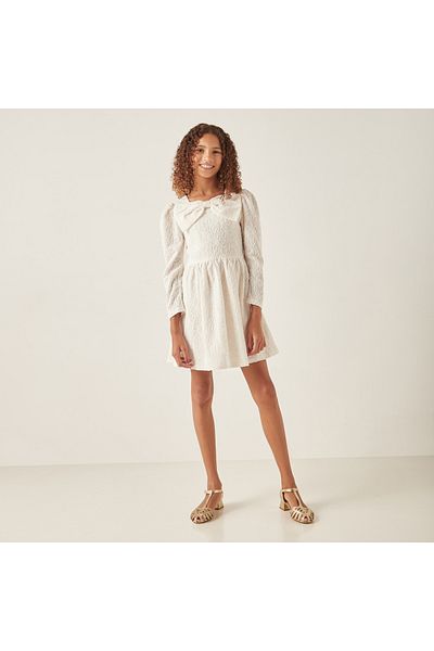 Juniors Floral Embroidered A-line Dress with 3/4 Sleeves and Bow Detail