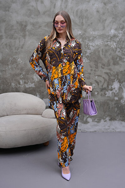 Polologin Butik Brown Orange Blue Leaf Patterned Suit