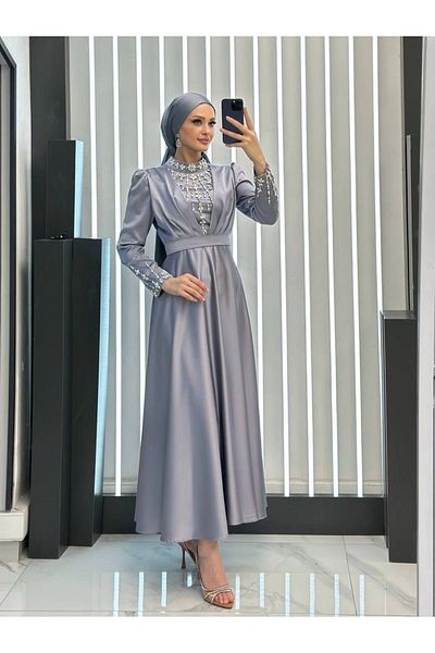 MERETTO By Akıl 1. Grade Imported Satin Judge Collar Mobile Belt Stone Processing Evening Dress