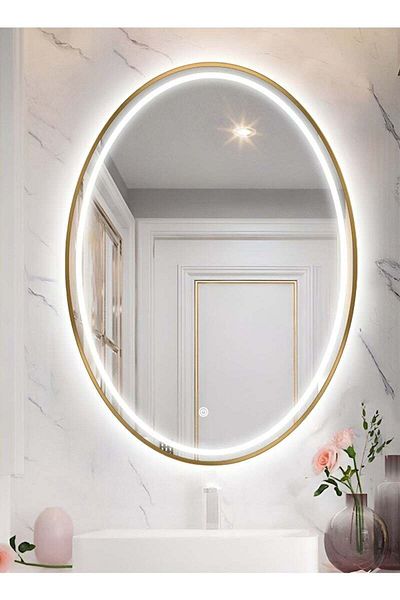 Taimi Oval Wall Mirror with Gold Aluminum Frame and Touch Front Light for Bathroom 80 x 60 cm
