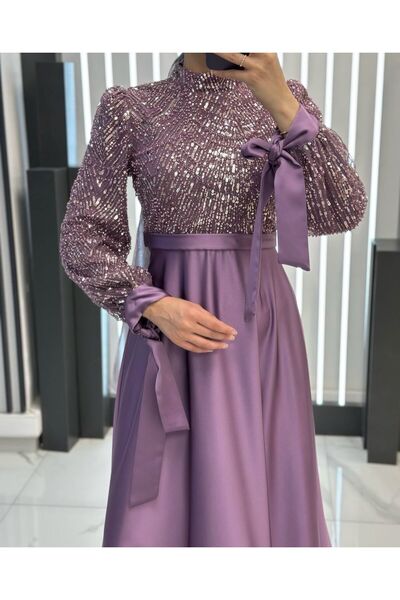 MERETTO By Akıl Saten Astarlı İthal Boncuk İşleme Kolu Bağcıklı Hakim Yaka Tesettür Abiye Elbise