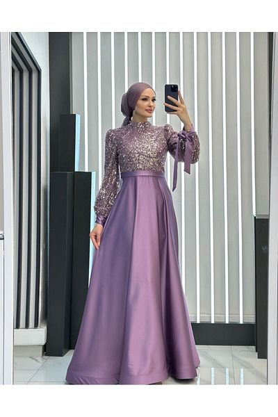 MERETTO By Akıl Βραδινό φόρεμα Hijab με σατέν επένδυση με εισαγόμενες χάντρες με κορδόνια με γιακά