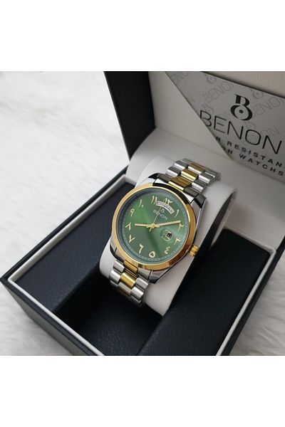 benon Men's watch with a blue dial, Arabic numerals and date, sapphire crystal, and a steel bracelet