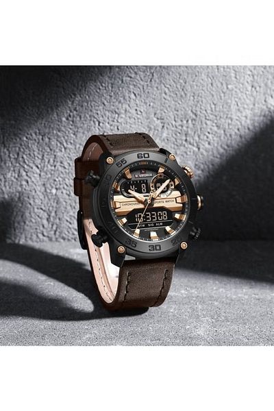 Naviforce Sport Analog-Digital Wrist Watch for Men with Leather Strap Water Resistant Chronograph