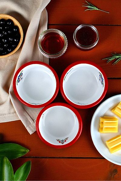 İnci Emaye 3 Piece 10cm Enamel Vertical Plate Set, Breakfast Plate, Jam Bowl, Olive, Cheese Plate, Dowry, Gift