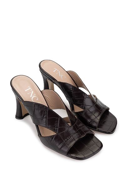 Tamer Tanca Women's Genuine Leather Brown Crocodile Heeled Slippers