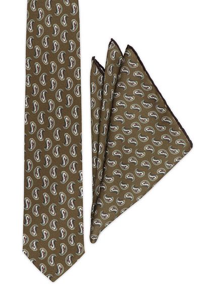 Bursa İpek Khaki Patterned Silk Tie Set