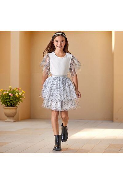 Juniors Polka Dot Print Ruffle Sleeves Top and Tiered Skirt Set
