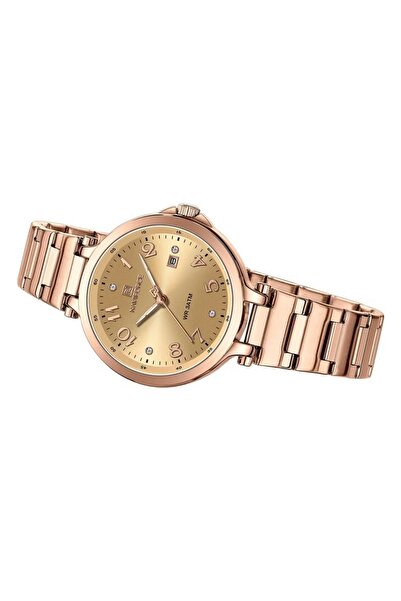 Naviforce Elegant Womens Quartz Watch with Gold Dial Rose Gold Stainless Steel Strap Analog Display