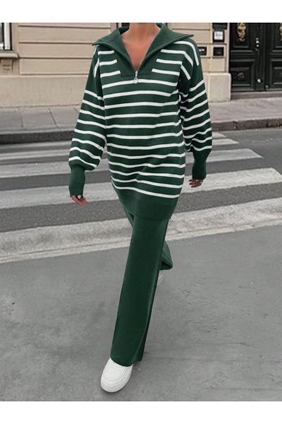 STF MODA Women's Green (Emerald) Trucker Collar Striped Knitwear Set