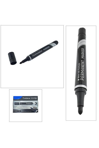 OEM Set of 12 black permanent markers, THINK U100, with 1.5MM round tip, for writing on any surface