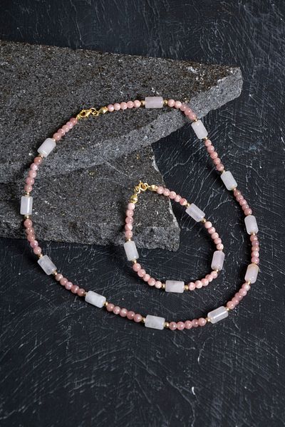OSMANLI DOĞAL TAŞ Certified Rhodochrosite, Pink Quartz, Hematite Natural Stone Set