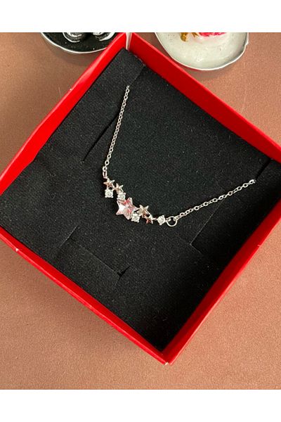 BURÇİN AKSESUAR Silver Color Star Detailed Steel Necklace with Pink Zircon Stone