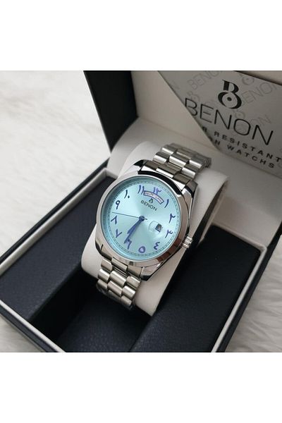 benon Men's watch with a blue dial, Arabic numerals and date, sapphire crystal, and a steel bracelet