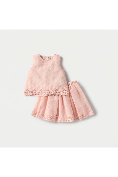 giggles Floral Embroidered Sleeveless Top and Elasticated Skirt Set