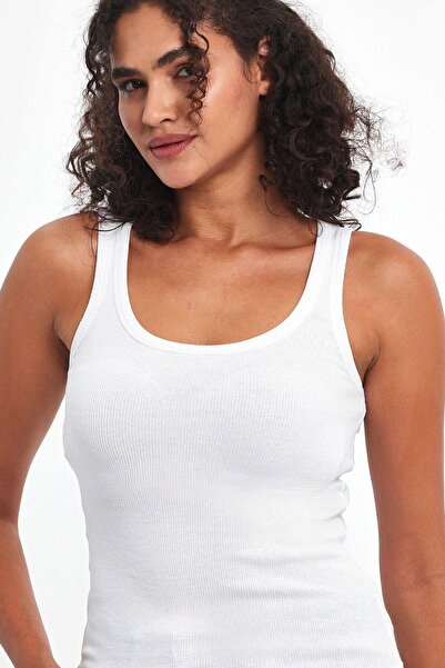 mmetalic Ribbed White Crop Pool Collar Zero Sleeve Cotton 3-Piece Women's Tank Top