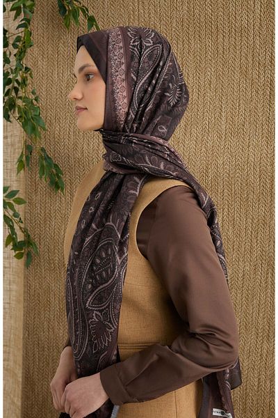 Fatma Atasoy Amelia Bitter Brown Ethnic Pattern Shawl