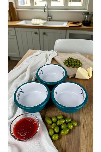 İnci Emaye 3 Piece 10cm Enamel Vertical Plate Set, Breakfast Plate, Jam Bowl, Olive, Cheese Plate, Dowry, Gift