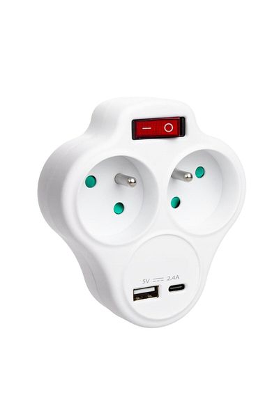 OEM Double socket adapter, 3680W, 16A, grounding, with USB-C and USB-A charging port, 5V, 2.4A, max 12W