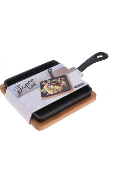 Excellent Houseware Tapas pan, square, cast iron, bamboo support, 14 x 14 x 3.4 cm, length with handle 24 cm