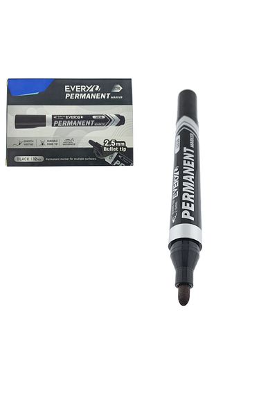 OEM Set of 12 black permanent markers with 2.5mm round tip, waterproof, smooth writing