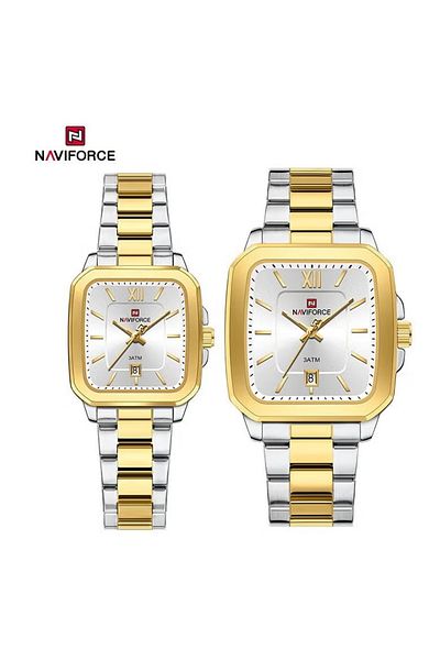 Naviforce Luxury Two-Tone Gold and Silver Stainless Steel Couple Watch Set with Square Dial Date Display