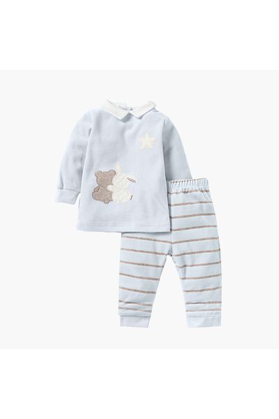 giggles Applique Detail Long Sleeves Velour T-shirt and Pyjama Set