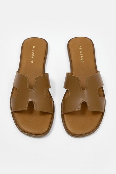 NILUFARR Selen Tan Genuine Leather Women's Slippers