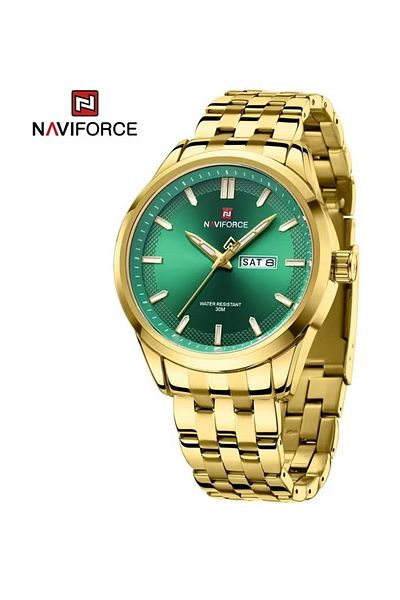 Naviforce Stylish Mens Quartz Watch with Gold Dial Stainless Steel Strap Analog Display Day Date Function