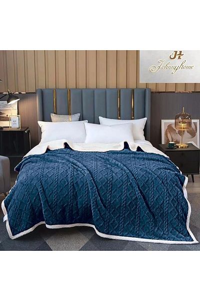 FIONNA.RO Cocolino Knitted Print Blanket with Fur - Royal Blue